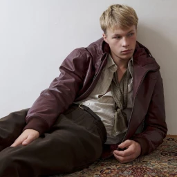 Young male model in a burgundy leather jacket and dark trousers leaning against a wall.