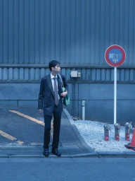 Man in a dark suit standing on a street next to a traffic sign for WSJ Strong Suit editorial