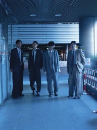 Four men in tailored suits standing in an industrial entryway under blue lighting for the Strong Suit project.
