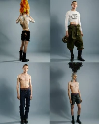Four-panel fashion editorial grid showing a male model wearing distinct outfits against a neutral grey studio background