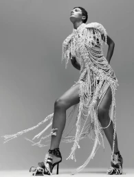 Model in ornate beaded fringe dress and high heels posing against a grey studio seamless background.