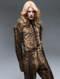 Model with long blonde hair in animal print jumpsuit against a grey background