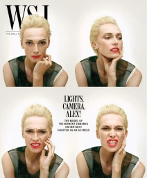 Four portrait panels of model Alex Consani with blonde hair wearing a green top against a white background for a WSJ cover.
