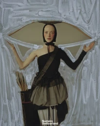 Model Olga Zapivokhina wearing a black bonnet and asymmetric outfit posing inside a painted white cutout for Numero Switzerland.