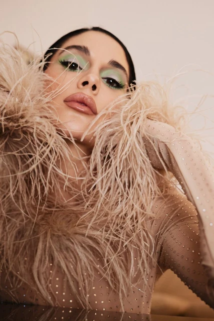 Woman posing in feathered top with creative makeup, showcasing beauty and fashion in a close-up indoor shot.