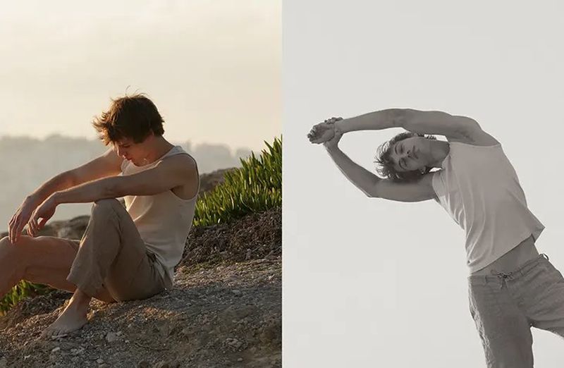 Monochrome diptych of a young man stretching outdoors. Soft light. Natural setting. Beige and white color scheme. Minimalist. 