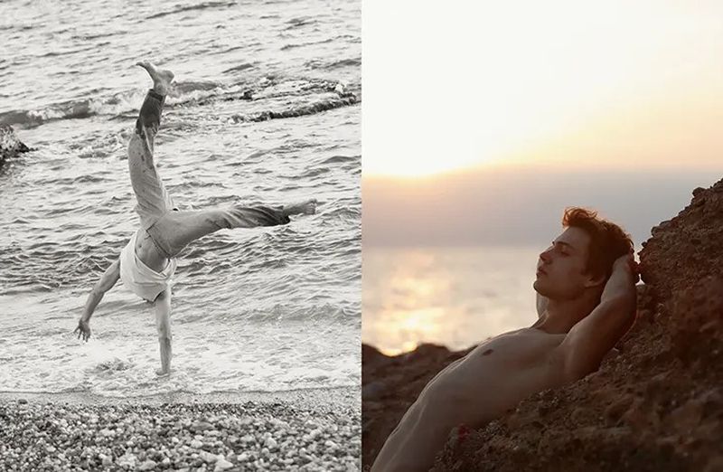 Split-screen shows a man doing a handstand on a rocky beach and another man reclining against rocks at sunset.