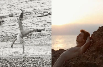 Diptych of a man performing a handstand on a pebble beach in black and white and a shirtless man relaxing on coastal rocks at sunset.