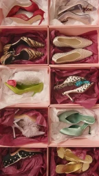 An assortment of designer high heels and mules displayed inside pink shoeboxes lined with tissue paper.