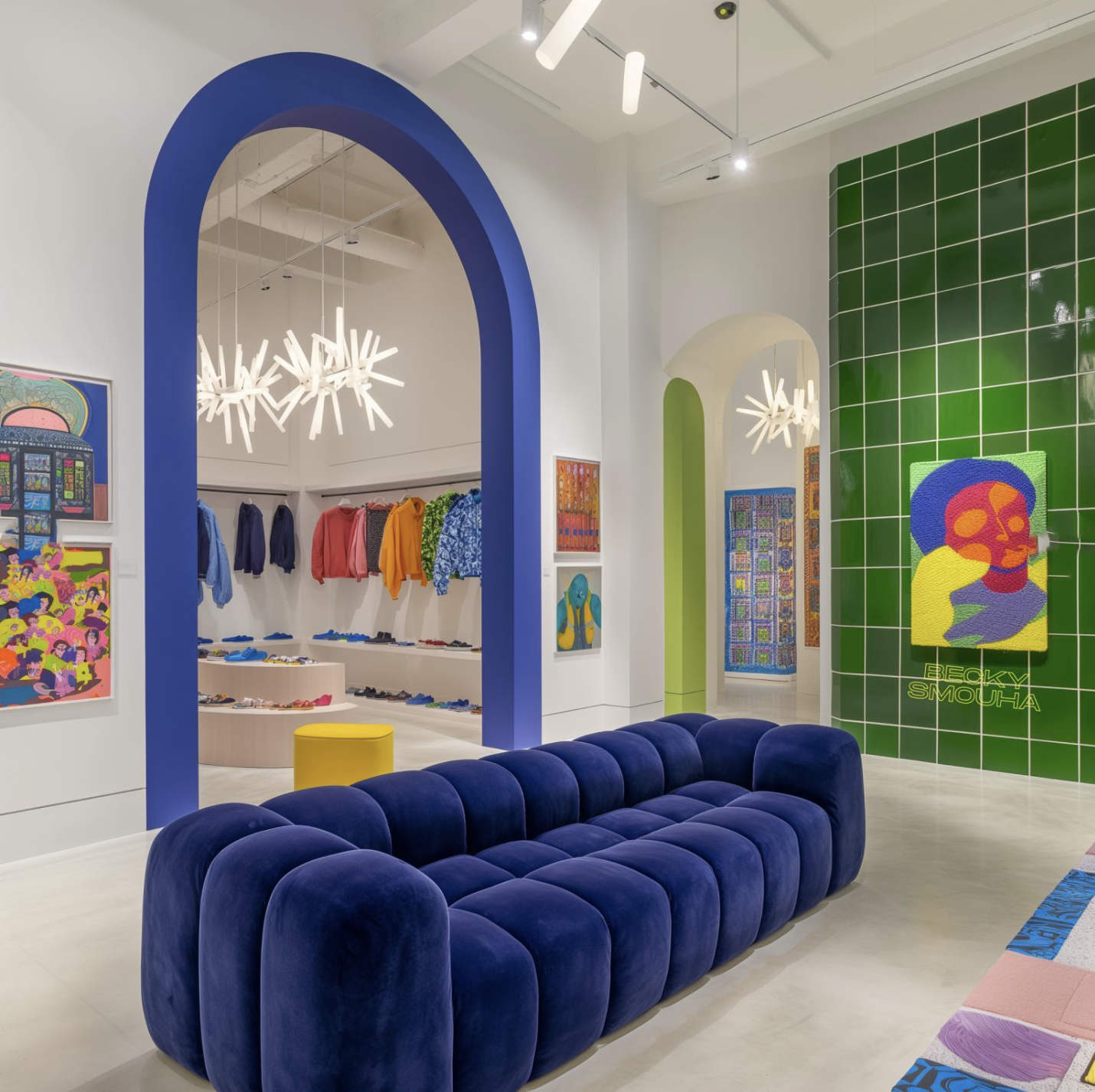 Interior of a clothing store featuring a blue velvet sofa, colourful clothes, and artwork on the walls, showcasing a modern and artistic retail space.