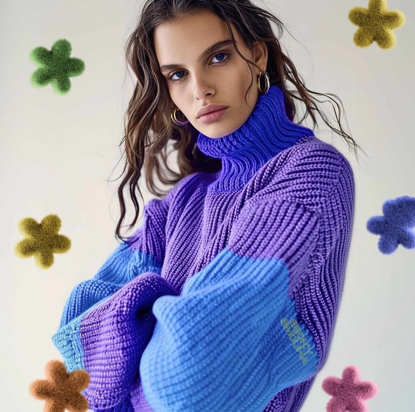 Brunette woman in studio wearing a purple and blue turtleneck sweater, posing with neutral makeup, and large gold hoop earrings.