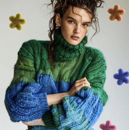 A fair-skinned young woman poses in a studio wearing a green, blue, and teal turtleneck sweater, surrounded by floating fuzzy stars.