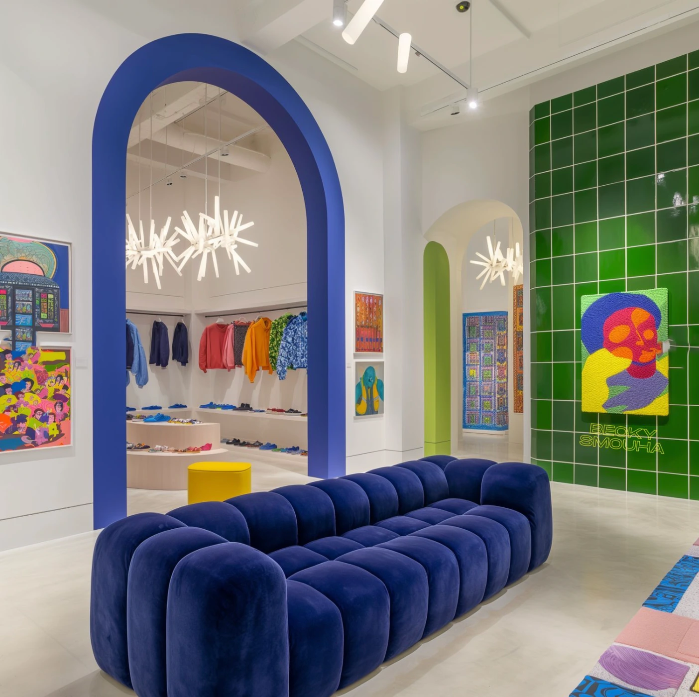 Blue velvet channel-tufted sofa in a bright modern gallery space with a large cobalt blue archway and green tiled pillar