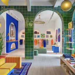 Interior view of a modern boutique with green tiled arches, vibrant blue feature walls, and colourful clothing racks.