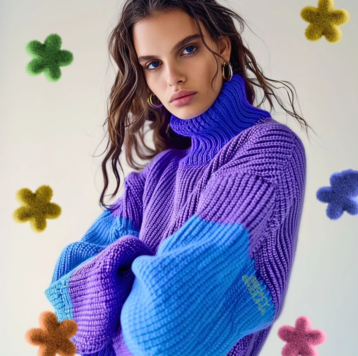 Woman wearing a blue and purple turtleneck sweater with colorful fuzzy flower shapes floating in the background.