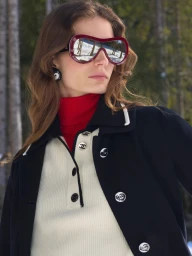 Model wearing oversized red sunglasses, a red turtleneck, and a black coat over a cream buttoned shirt outdoors in winter.