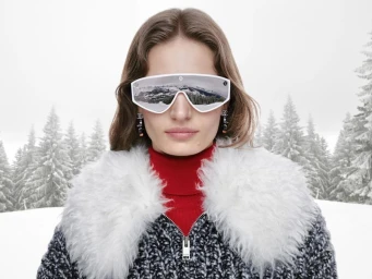 Model wearing white mirrored ski goggles, red turtleneck, and tweed jacket with fur collar against a snowy forest backdrop