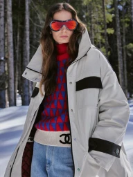 Model in oversized white puffer jacket, red patterned turtleneck sweater, and tinted sunglasses standing in snowy forest.