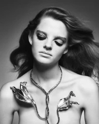 Close-up monochrome portrait of a female model wearing a metallic floral necklace against a grey studio backdrop.