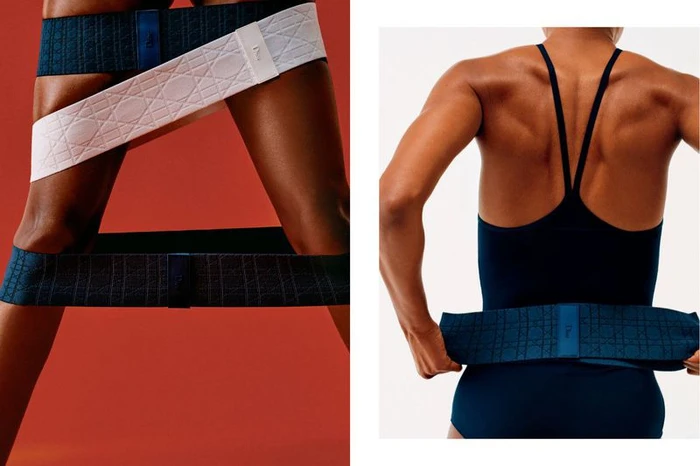 Diptych image showing a person using branded resistance bands for wellness and fitness exercises.