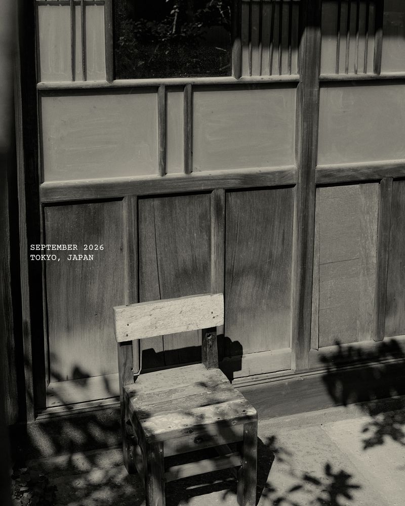 Simple wooden chair standing outdoors against a traditional dark wood panel wall with dappled shadows cast by foliage.