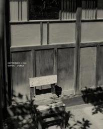 Simple wooden chair standing outdoors against a traditional dark wood panel wall with dappled shadows cast by foliage.