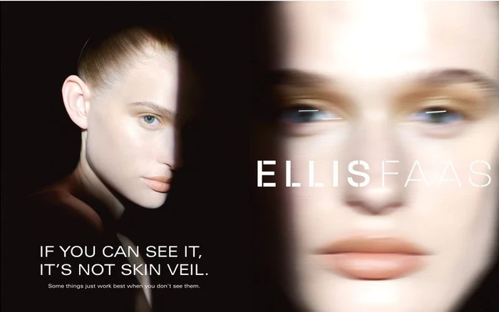 Close-up portrait of a model with glossy skin and neutral lipstick, featuring the white text ELLIS FAAS on a dark background.