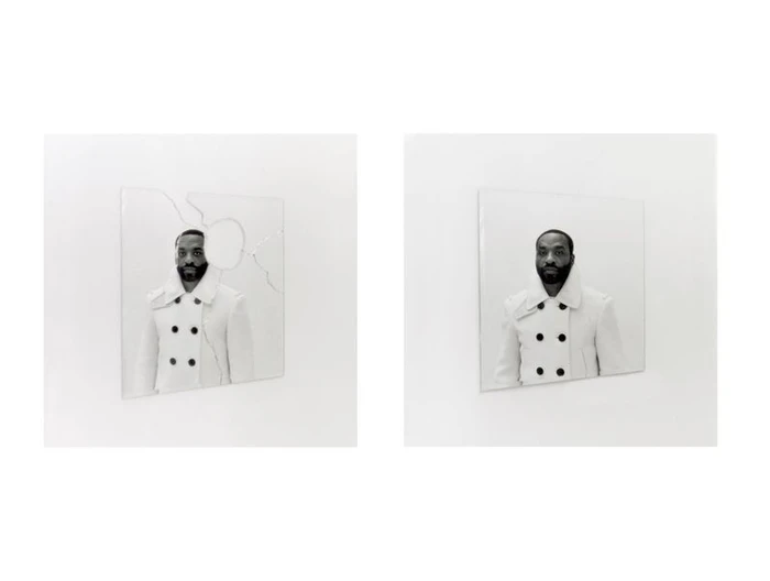 Chiwetel Ejiofor in a white double-breasted coat shown across two photographic frames against a plain white background