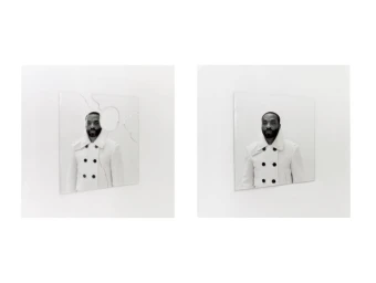 Chiwetel Ejiofor in a white double-breasted coat shown across two photographic frames against a plain white background