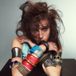 Close-up portrait of a woman with tousled dark hair wearing multiple chunky bangles and cuffs on both arms against a plain backdrop.