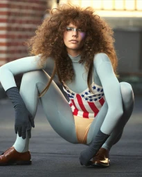 Model with voluminous curly brown hair crouching in a light blue bodysuit, star-spangled top, dark gloves, and brown shoes