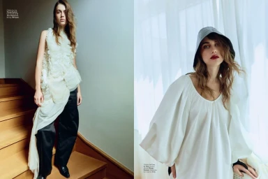 Two panel fashion spread featuring a woman standing on wooden stairs and posing near a window with sheer curtains.