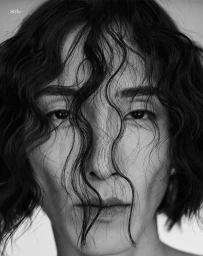 Close-up portrait of model Hyuk Kim with dark wet-look curly hair falling across his face for The Perfect Man Magazine.