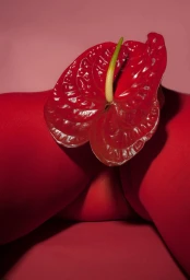 Close-up of a glossy red anthurium flower placed against red fabric with a muted pink background.