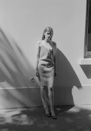 Model standing outdoors against a light-coloured wall casting strong shadows for Crosscurrent Another Way project