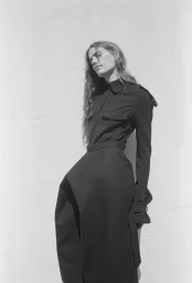Model in dark button-up shirt and structured skirt posing against a textured off-white wall in natural daylight.