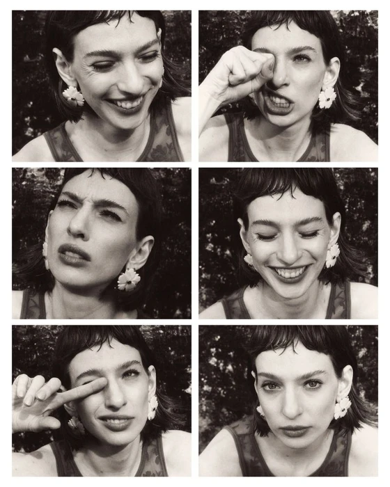 Black and white contact sheet of six portraits showing a woman making playful facial expressions outdoors.