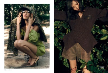 Two fashion editorial panels featuring a model in a green dress with a tweed jacket and a brown top against outdoor foliage.