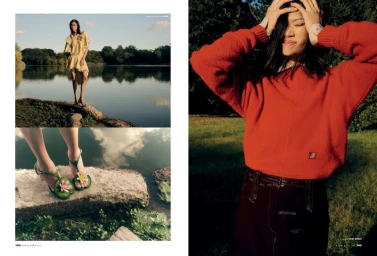 Editorial spread layout featuring a model by a lake and a close-up portrait in a red sweater for Elle Vietnam