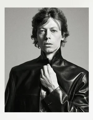 Monochrome portrait of a man in a black leather jacket against a seamless grey background