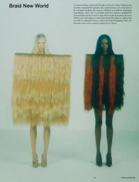 Two models wearing rectangular garments made of cascading blonde and dark hair against a pale background for Dazed Magazine