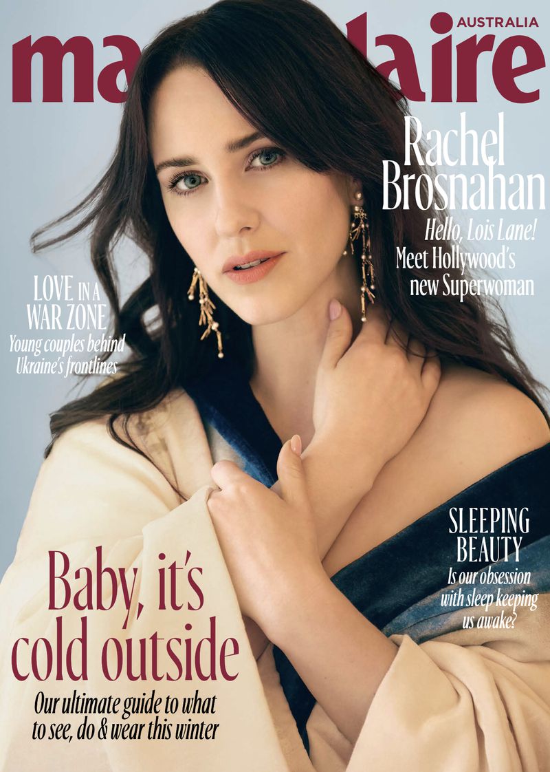 Magazine cover featuring Rachel Brosnahan in a cream robe with gold earrings, promoting a winter style guide and beauty tips.