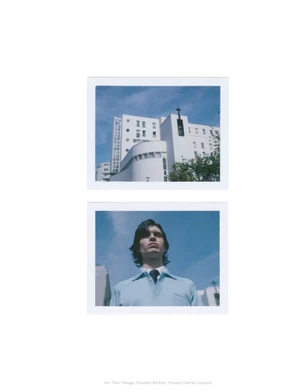 Two stacked polaroid-style frames showing a white building with a cross and a man in a light blue shirt against a blue sky.