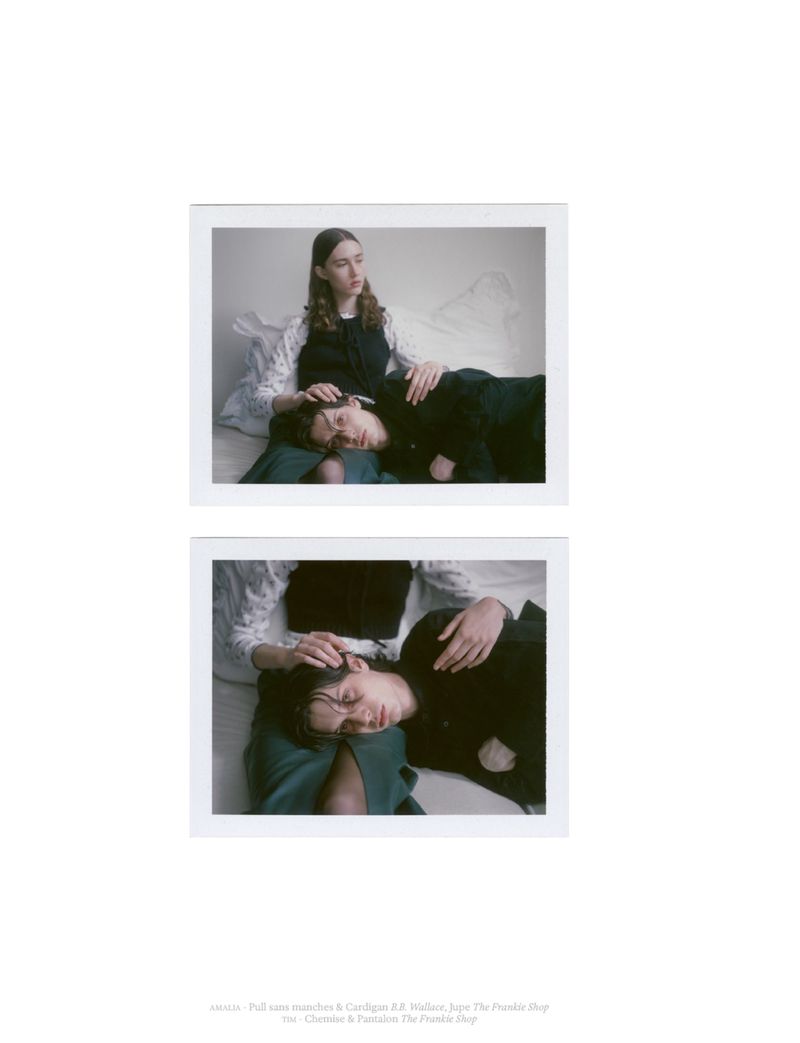 Two polaroid style frames showing a woman seated with a man resting his head on her lap against a pale background