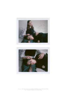 Two polaroid style frames showing a woman seated with a man resting his head on her lap against a pale background