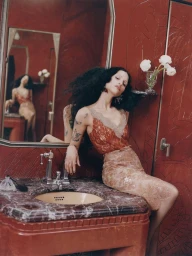 Model Gabbriette poses in a red lace camisole and skirt sitting on a marble sink vanity in a red room with mirrors for Vogue Mexico