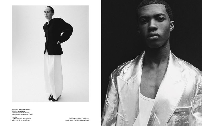 Two fashion portraits show a woman in a black blazer with white pants and an African American man in a silver blazer.