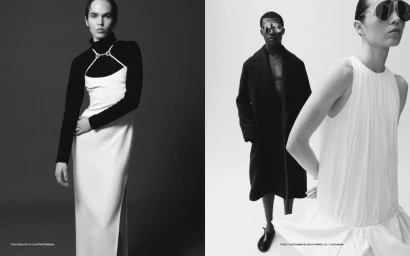 Black and white fashion editorial diptych with Lily Stewart and Kwesi Derkyi in monochrome designer garments and sunglasses.