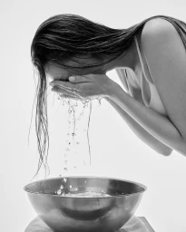 Monochrome image of a woman washing her face with water splashing down into a metal basin against a light background.