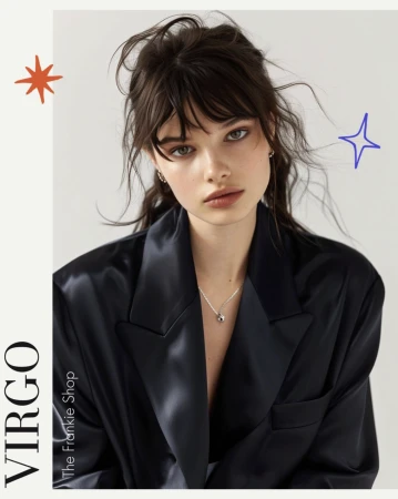 Brunette woman with bangs wears a dark blazer and necklace against a light background with graphic star design and Virgo text.